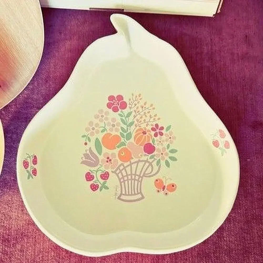 Vintage Country Bouquet Pear Dish Stoneware Taiwan 1970s Collectible